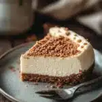 Close-up of a creamy oatmeal cookie cheesecake with a golden crust and smooth texture.