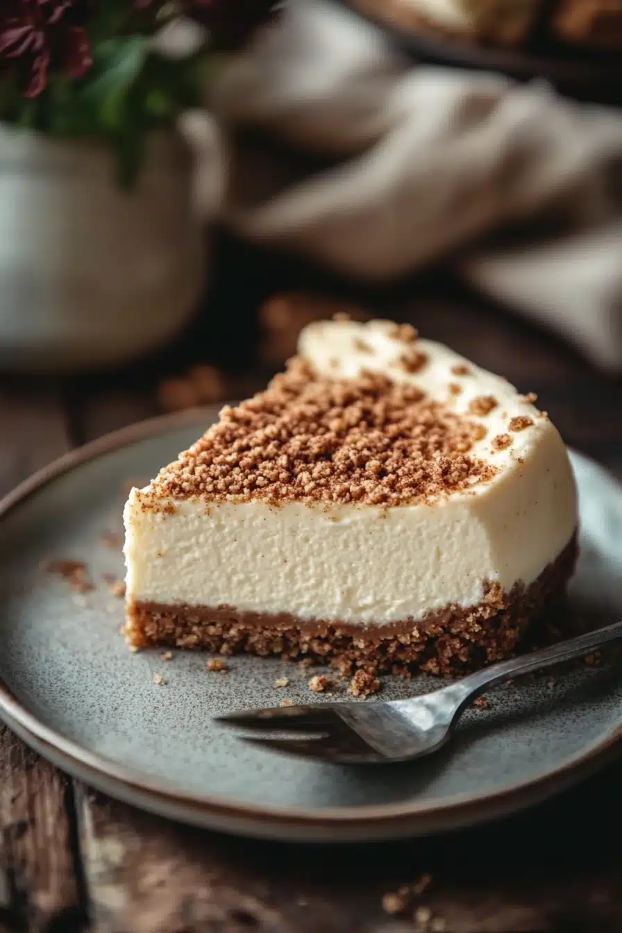 Close-up of a creamy oatmeal cookie cheesecake with a golden crust and smooth texture.