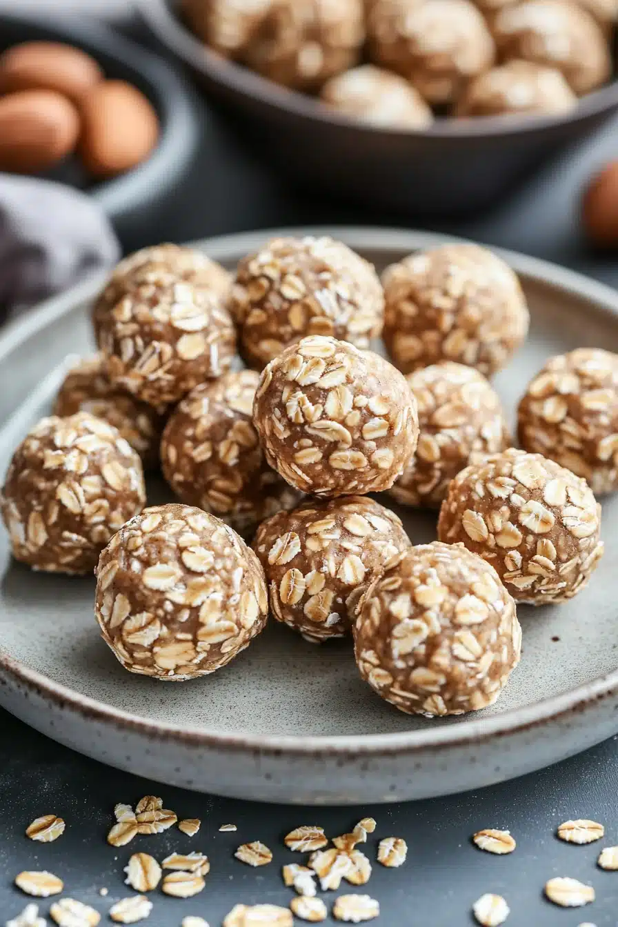Close-up of oatmeal cookie energy bites on a clean background with warm lighting.