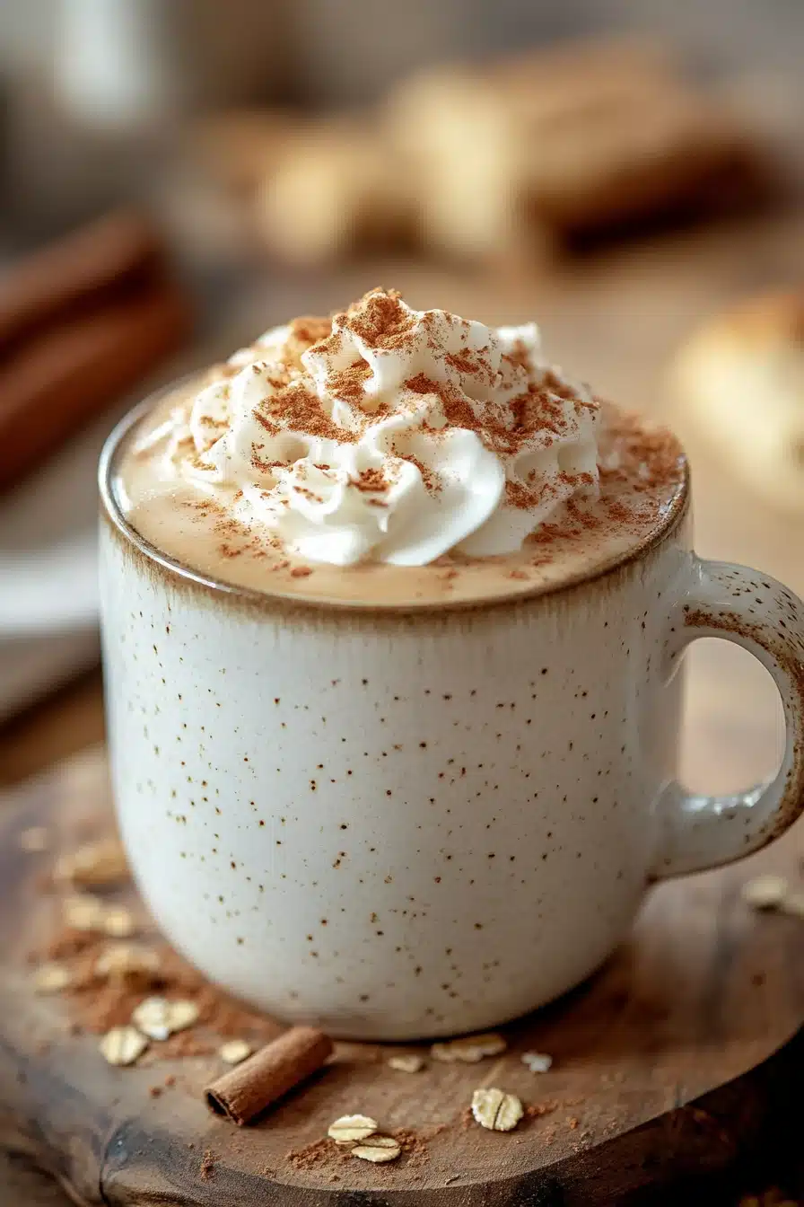 Close-up of a creamy oatmeal cookie latte with a sprinkle of cinnamon on top.