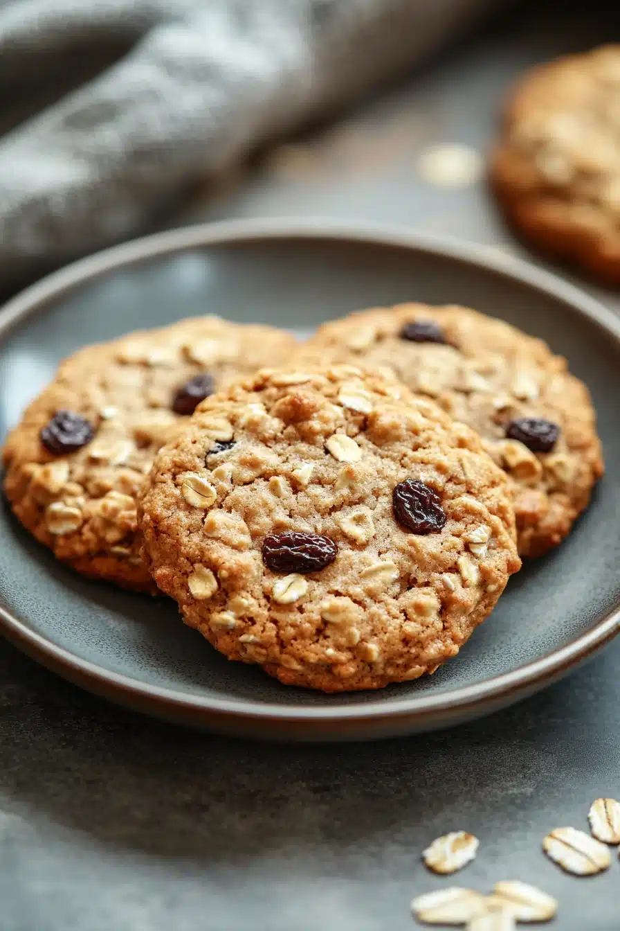Close-up of oatmeal cookies on a clean white background, showcasing texture and detail.