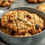 Close-up of oatmeal raisin cookies in a glass jar with a clean background.