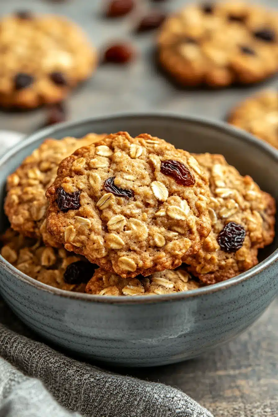 Close-up of oatmeal raisin cookies in a glass jar with a clean background.