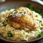 Close-up of one pot creamy chicken and rice with a clean background.