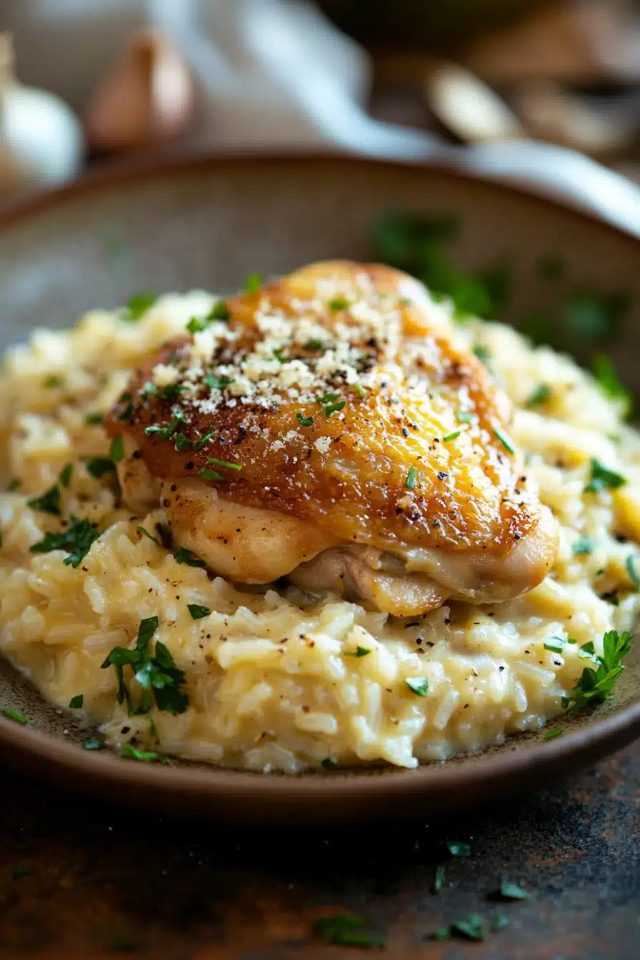 Close-up of one pot creamy chicken and rice with a clean background.