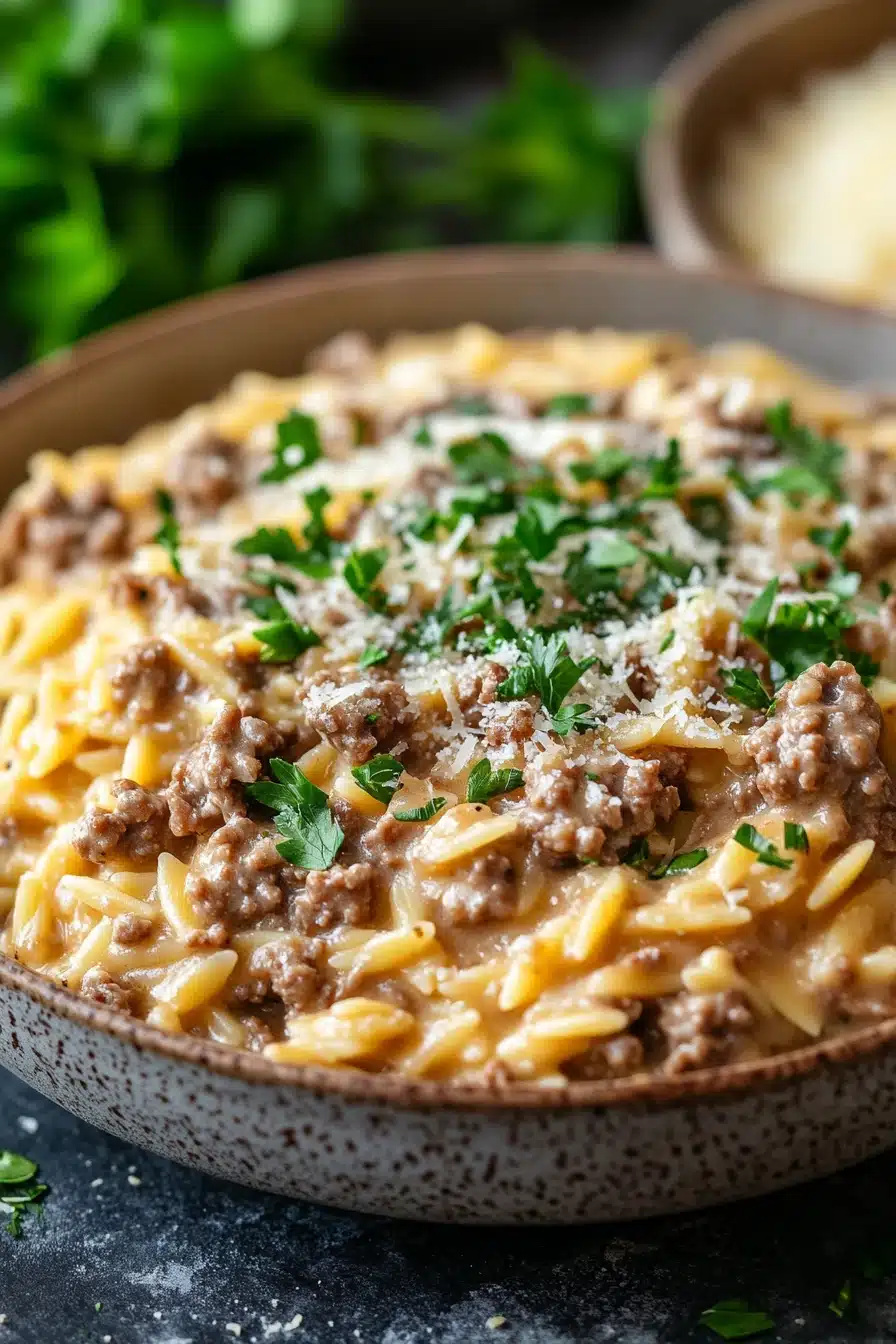 Close-up of one pot creamy orzo and beef with a clean background