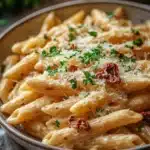 Close-up of one pot creamy sun dried tomato pasta with a rich sauce and garnished with herbs.