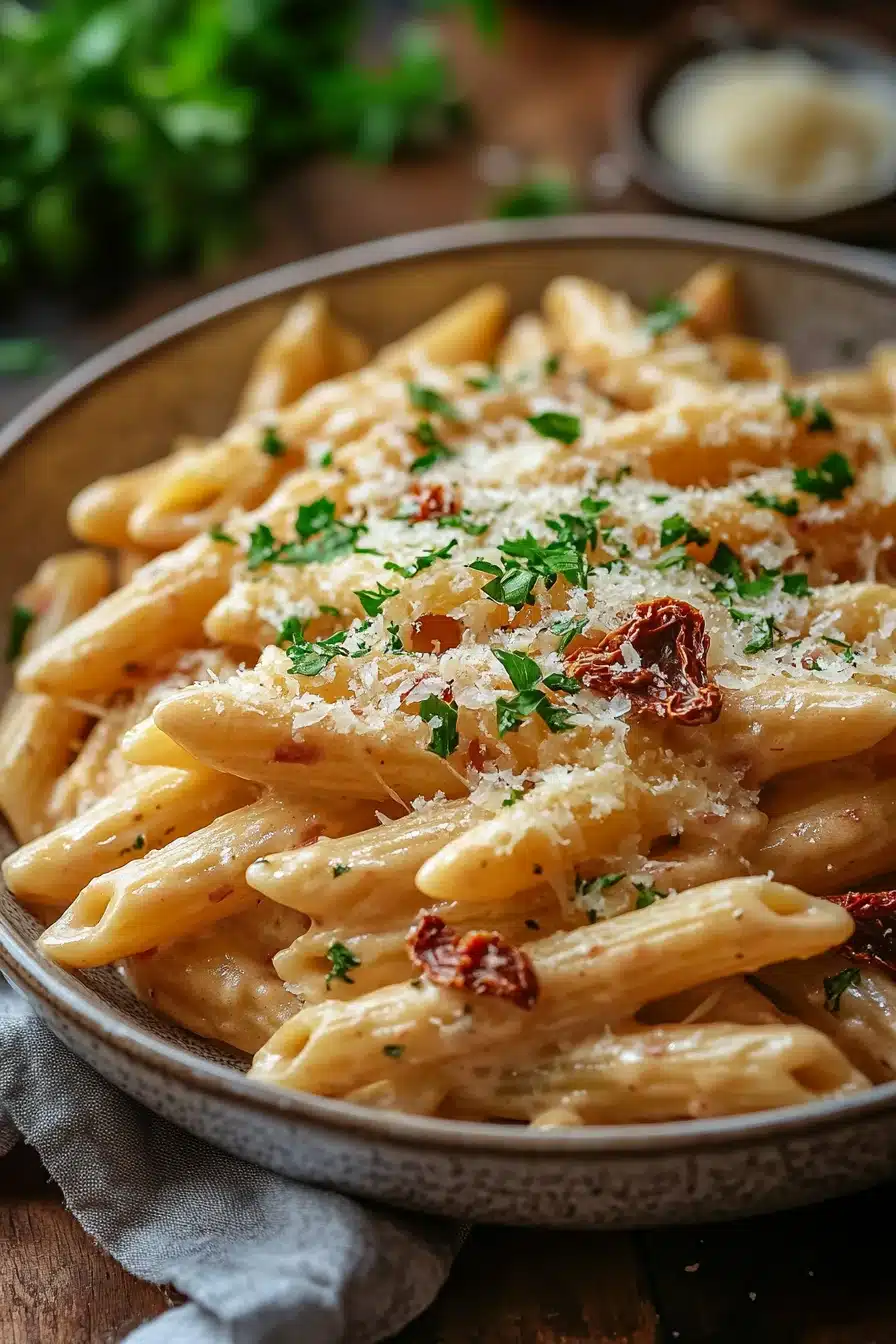 Close-up of one pot creamy sun dried tomato pasta with a rich sauce and garnished with herbs.