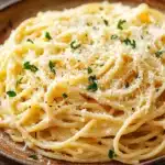 Close-up of creamy garlic cheese pasta with visible cheese and garlic in a warm, appetizing setting.