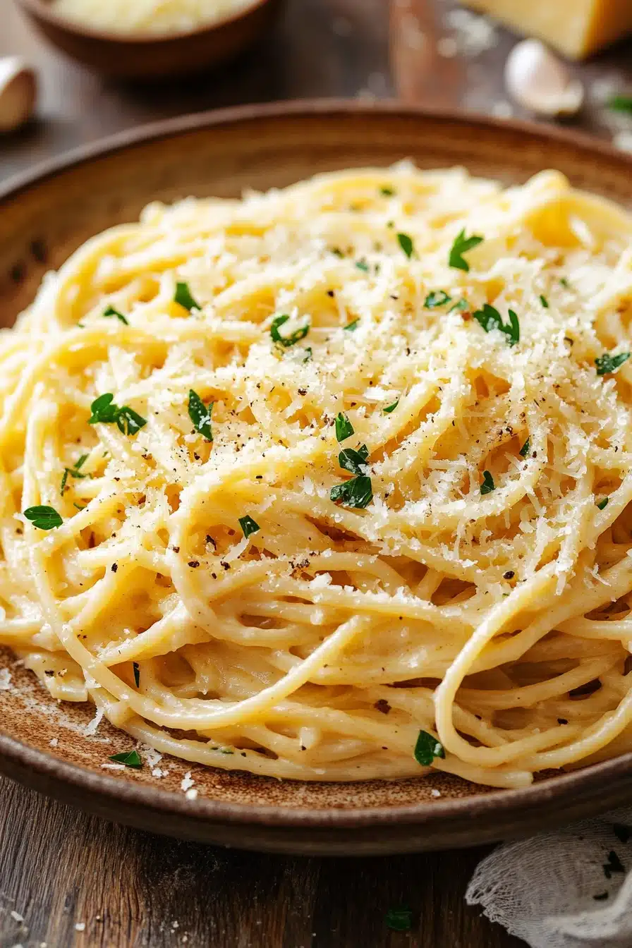 Close-up of creamy garlic cheese pasta with visible cheese and garlic in a warm, appetizing setting.