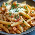 Close-up of creamy one pot paprika pasta with visible textures and bright lighting