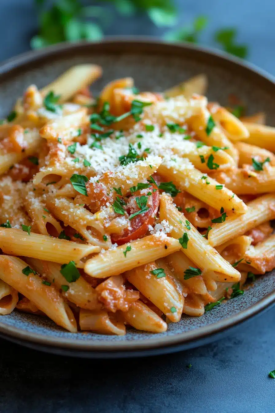 Close-up of creamy one pot paprika pasta with visible textures and bright lighting