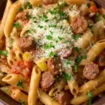 Close-up of one pot pasta and sausage with a creamy sauce, garnished with herbs.