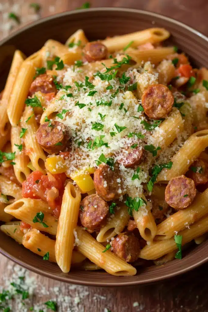 Close-up of one pot pasta and sausage with a creamy sauce, garnished with herbs.