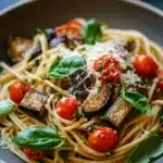 Close-up of one pot pasta with creamy sauce and herbs, garnished with fresh herbs.