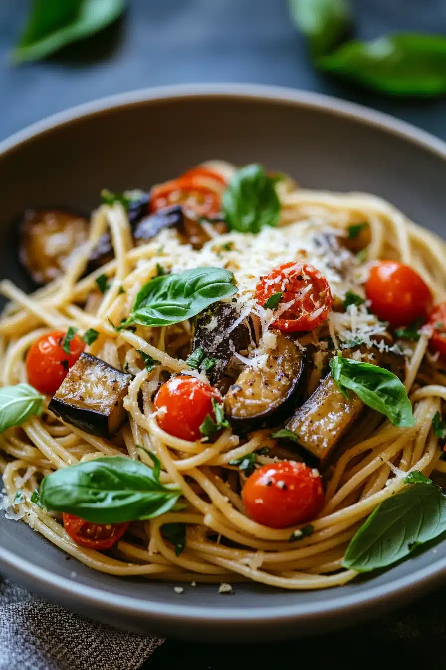 Close-up of one pot pasta with creamy sauce and herbs, garnished with fresh herbs.
