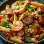 Close-up of one pot pasta jambalaya with visible ingredients and bright lighting