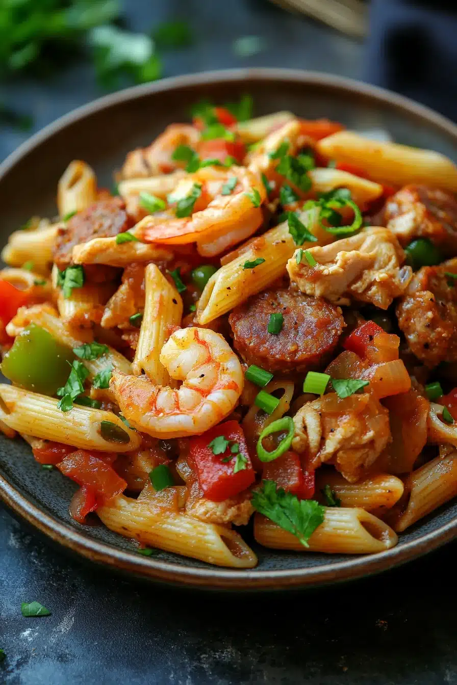 Close-up of one pot pasta jambalaya with visible ingredients and bright lighting