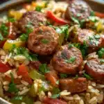 Close-up of one pot sausage peppers and rice with vibrant colors and sharp textures
