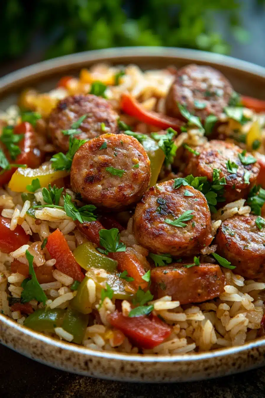 Close-up of one pot sausage peppers and rice with vibrant colors and sharp textures