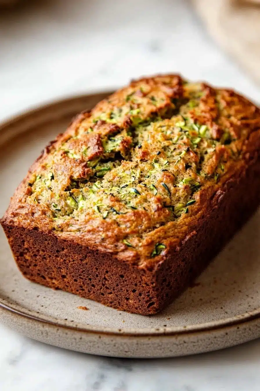 Close-up of paleo zucchini bread with a golden crust and moist texture.
