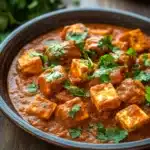 Close-up of paneer tikka masala with creamy sauce and vibrant spices