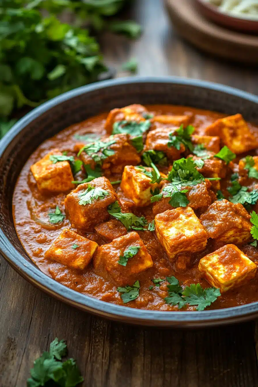 Close-up of paneer tikka masala with creamy sauce and vibrant spices