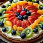 Close-up of a peanut butter cookie fruit pizza with fresh fruits and creamy spread