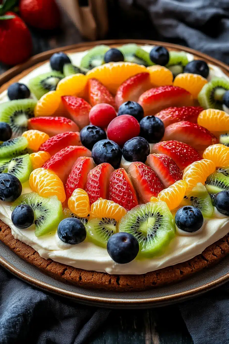Close-up of a peanut butter cookie fruit pizza with fresh fruits and creamy spread