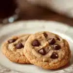 Close-up of peanut butter cookies with chocolate chips on a wooden surface.