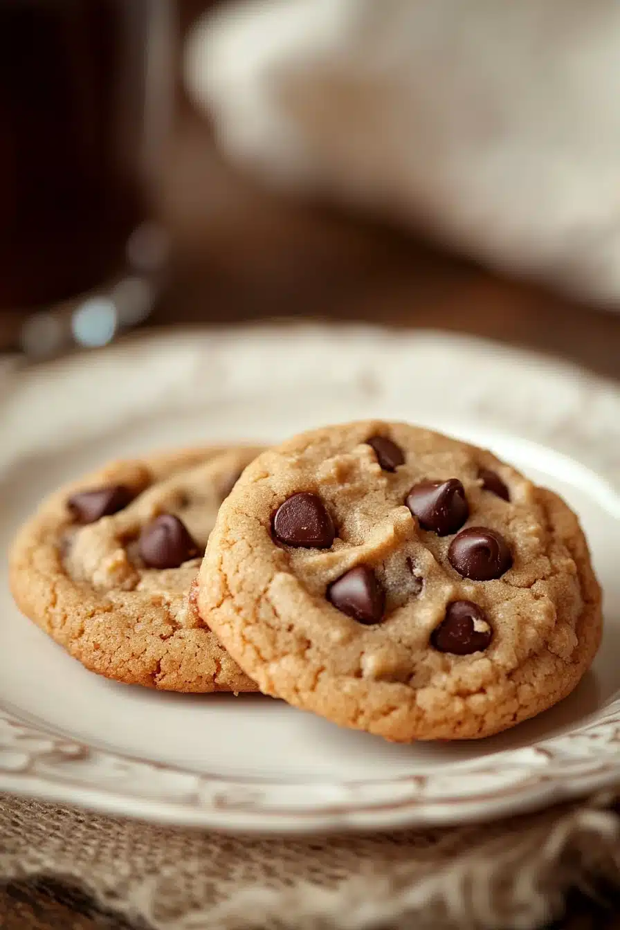 Close-up of peanut butter cookies with chocolate chips on a wooden surface.