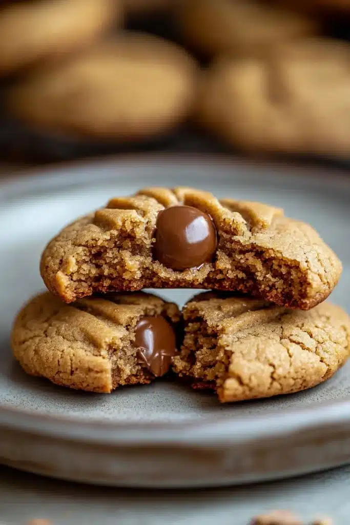 Close-up of peanut butter cookies with chocolate kisses on top, displayed on a clean surface.