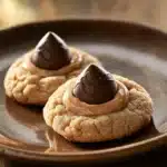 Close-up of peanut butter Hershey kiss cookies on a white plate with a clean background.