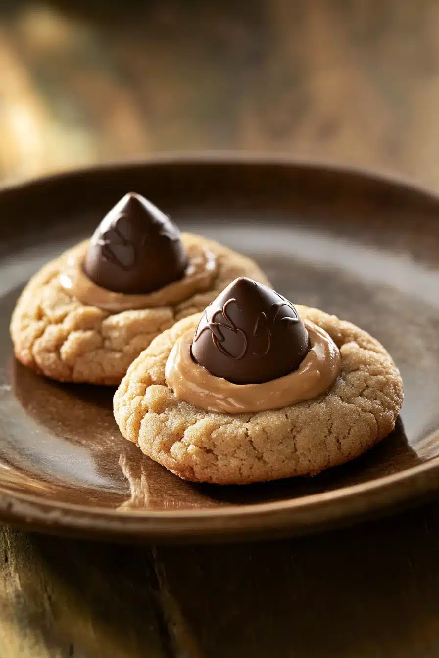 Close-up of peanut butter Hershey kiss cookies on a white plate with a clean background.