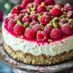Close-up of Pistachio Raspberry Crunch Cheesecake with vibrant colors and textures