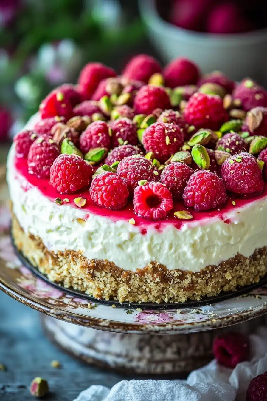 Close-up of Pistachio Raspberry Crunch Cheesecake with vibrant colors and textures