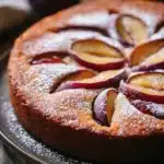 Close-up of a delicious plum cake allo yogurt from Giallo Zafferano with a golden crust.