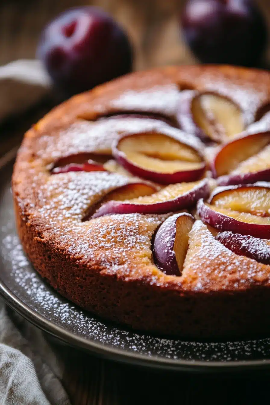 Close-up of a delicious plum cake allo yogurt from Giallo Zafferano with a golden crust.