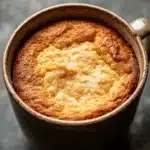 Close-up of a protein yogurt mug cake with a creamy texture and minimal background.