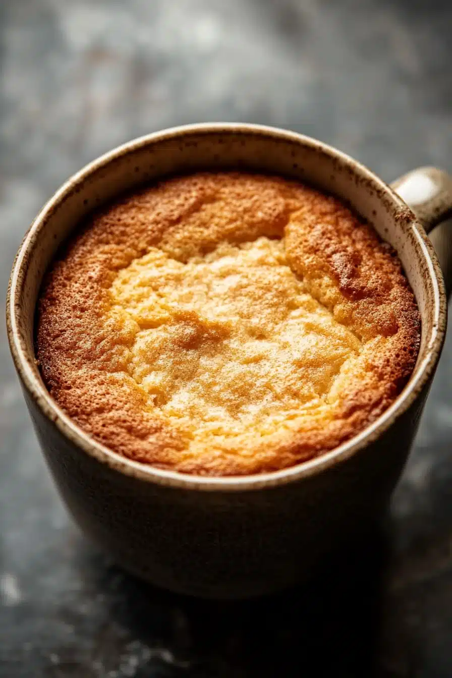 Close-up of a protein yogurt mug cake with a creamy texture and minimal background.
