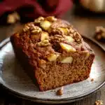 Close-up of pumpkin apple bread with a warm, inviting texture and golden crust.