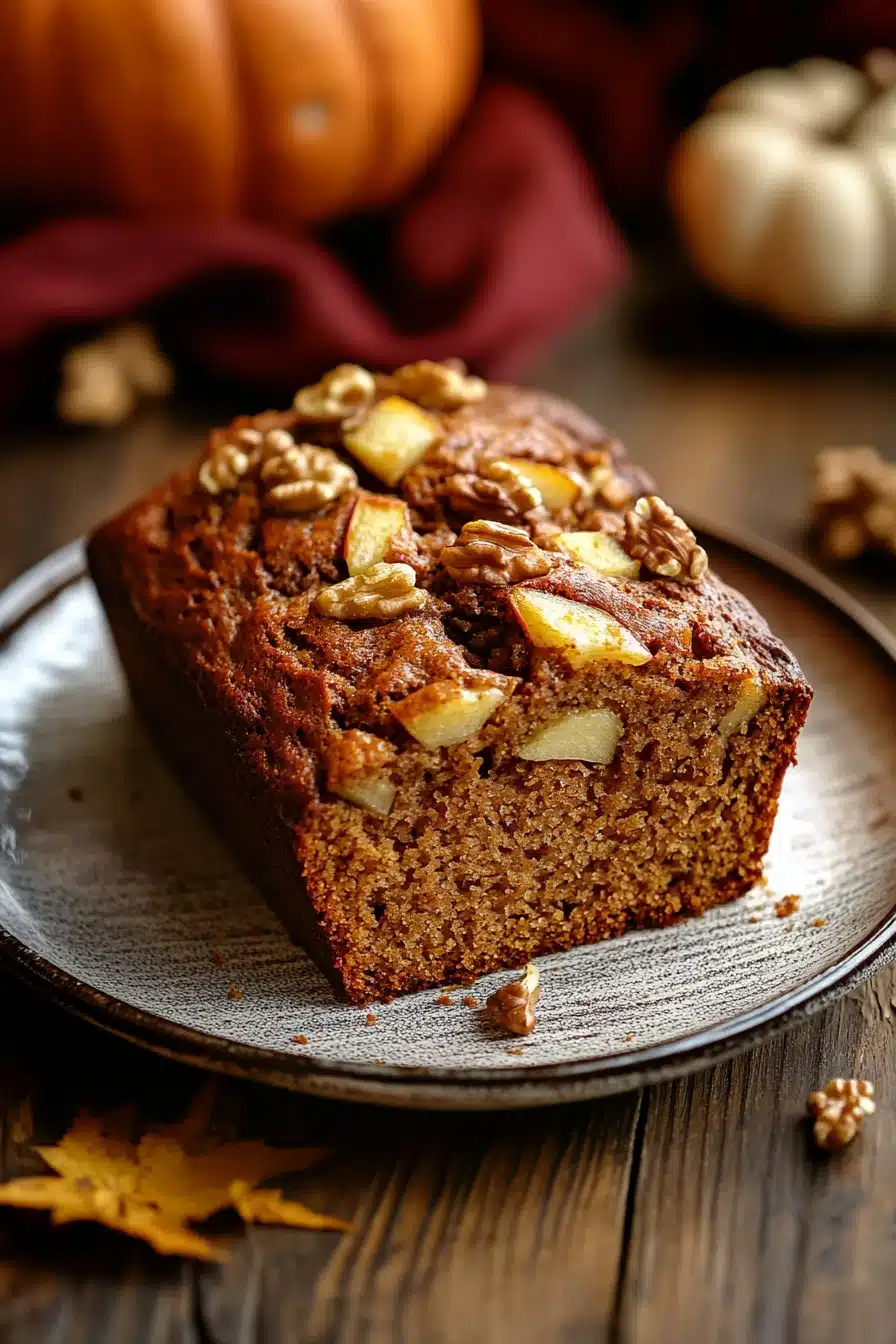 Close-up of pumpkin apple bread with a warm, inviting texture and golden crust.