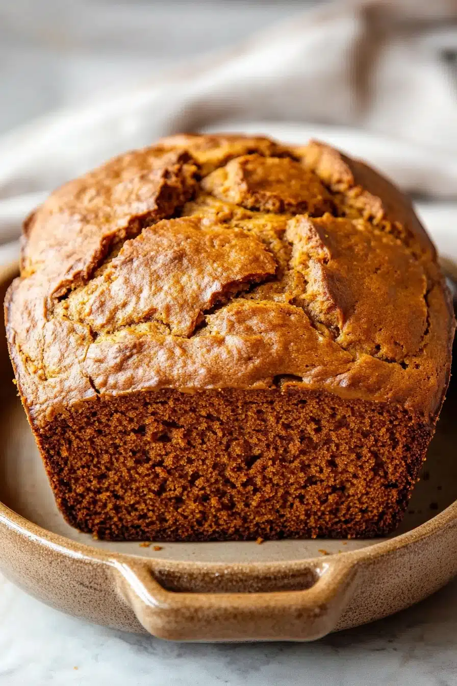 Close-up of pumpkin bread in a Dutch oven with a golden crust and warm lighting.