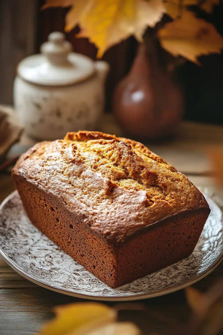 Close-up of pumpkin bread made with evaporated milk, showcasing its rich texture and golden crust.