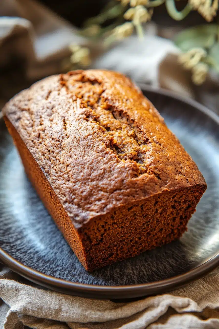 Close-up of freshly baked pumpkin bread with a golden crust on a wooden board