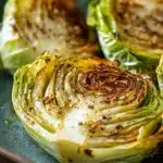 Close-up of roasted cabbage with crispy edges and a light seasoning