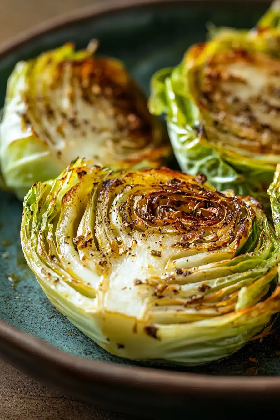 Close-up of roasted cabbage with crispy edges and a light seasoning