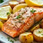 Close-up of a salmon and potato dinner with bright natural lighting