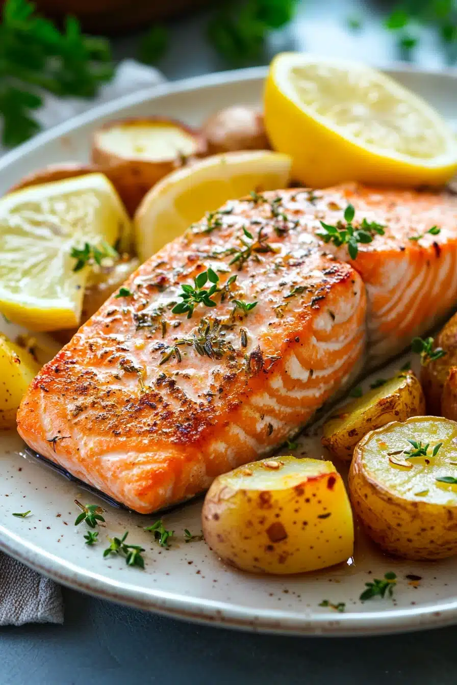 Close-up of a salmon and potato dinner with bright natural lighting