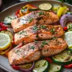 Close-up of a salmon sheet pan dinner with zucchini, featuring vibrant colors and appetizing textures.
